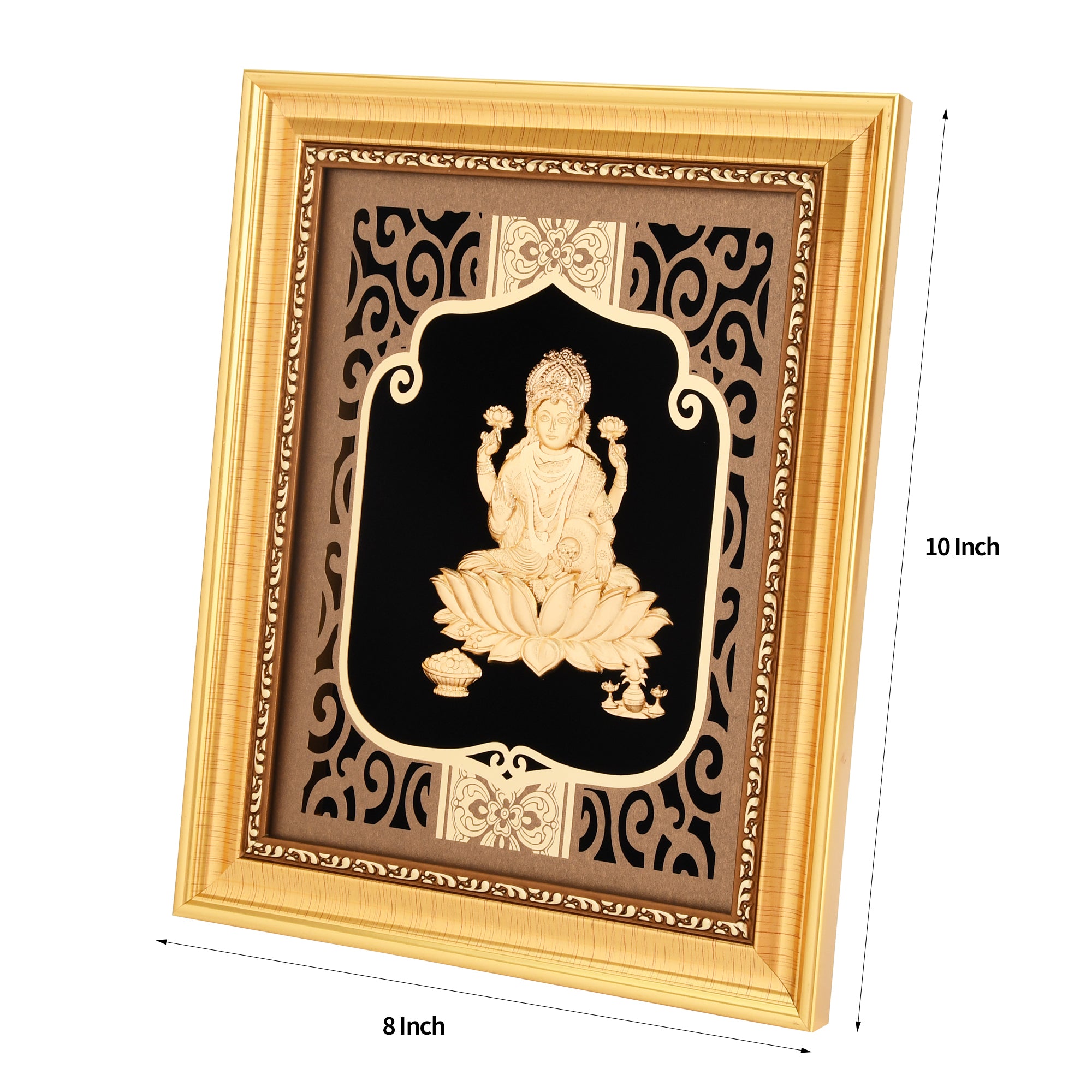 મોક્ષ ક્રાફ્ટ ઈન્ડિયા ગોડ હિન્દુઈઝમ ભગવાન 24K ગોલ્ડ પ્લેટેડ લક્ષ્મી સ્ટેચ્યુ ફ્રેમ હેન્ડમેડ દિવાળી ગિફ્ટ ગિલ્ડેડ 8 X 10
